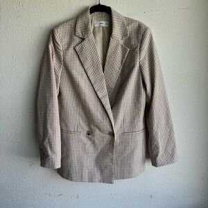 MNG Mango tan white checkered double breasted notched collar blazer jacket sz S